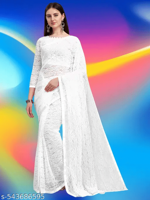     			Nilkanthvarni Creation Net Woven Saree With Unstitched Blouse Piece ( White )