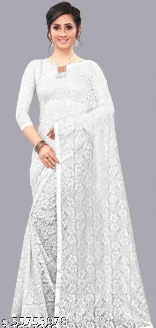     			Nilkanthvarni Creation Net Woven Saree With Unstitched Blouse Piece ( White )