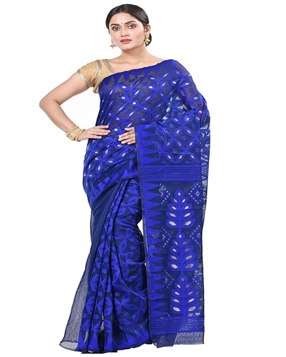 PIYARI FASHION Cotton Blend Woven Jamdani Saree With Unstitched Blouse Piece ( Blue )     			PIYARI FASHION Cotton Blend Woven Jamdani Saree With Unstitched Blouse Piece ( Blue )