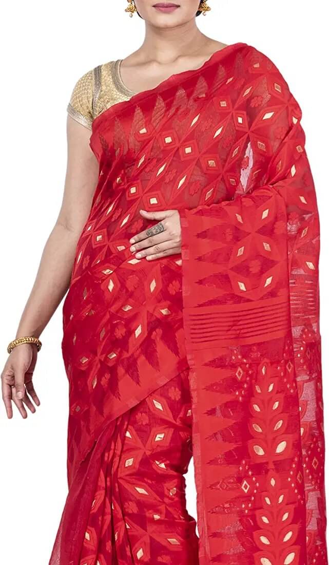 PIYARI FASHION Cotton Blend Woven Jamdani Saree With Unstitched Blouse Piece ( Red ) PIYARI FASHION Cotton Blend Woven Jamdani Saree With Unstitched Blouse Piece ( Red )