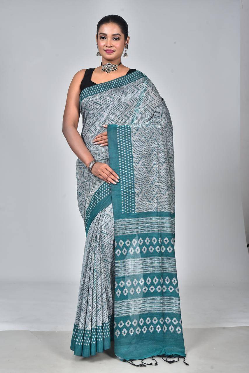     			PIYARI FASHION Cotton Printed Tant Saree With Unstitched Blouse Piece ( Silver )