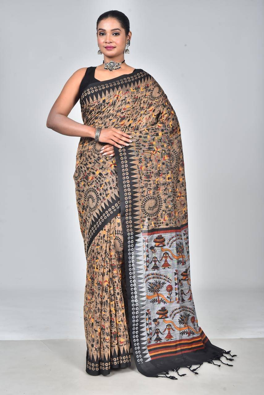 PIYARI FASHION Cotton Printed Tant Saree With Unstitched Blouse Piece ( Tan ) PIYARI FASHION Cotton Printed Tant Saree With Unstitched Blouse Piece ( Tan )