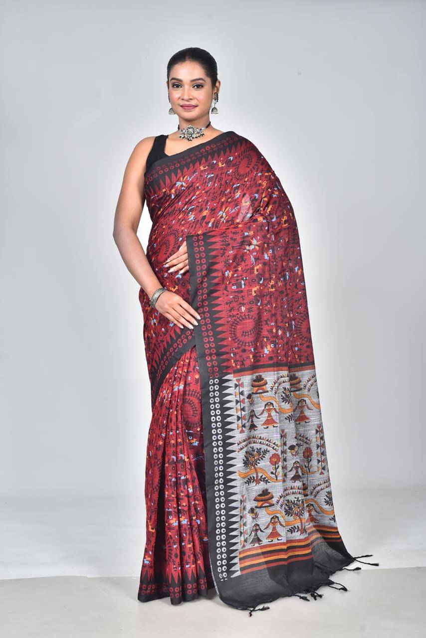 PIYARI FASHION Cotton Printed Tant Saree With Unstitched Blouse Piece ( Maroon ) PIYARI FASHION Cotton Printed Tant Saree With Unstitched Blouse Piece ( Maroon )