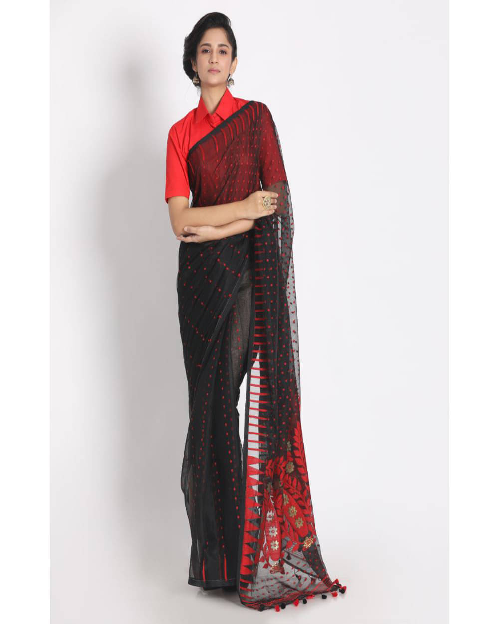     			PIYARI FASHION Cotton Silk Self Design Jamdani Saree Without Blouse Piece ( Black )