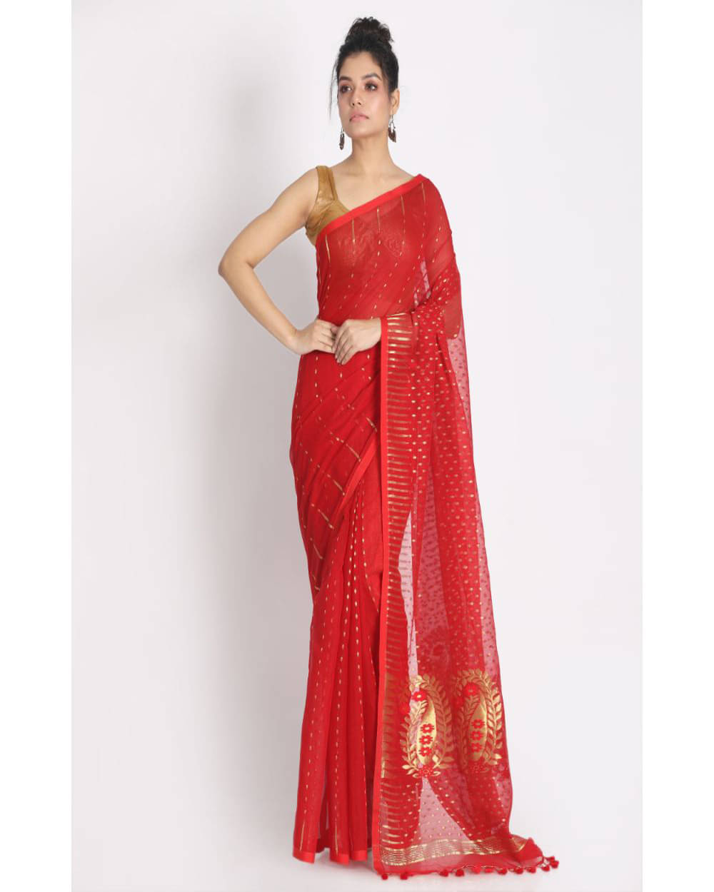 PIYARI FASHION Cotton Silk Self Design Jamdani Saree Without Blouse Piece ( Red ) PIYARI FASHION Cotton Silk Self Design Jamdani Saree Without Blouse Piece ( Red )