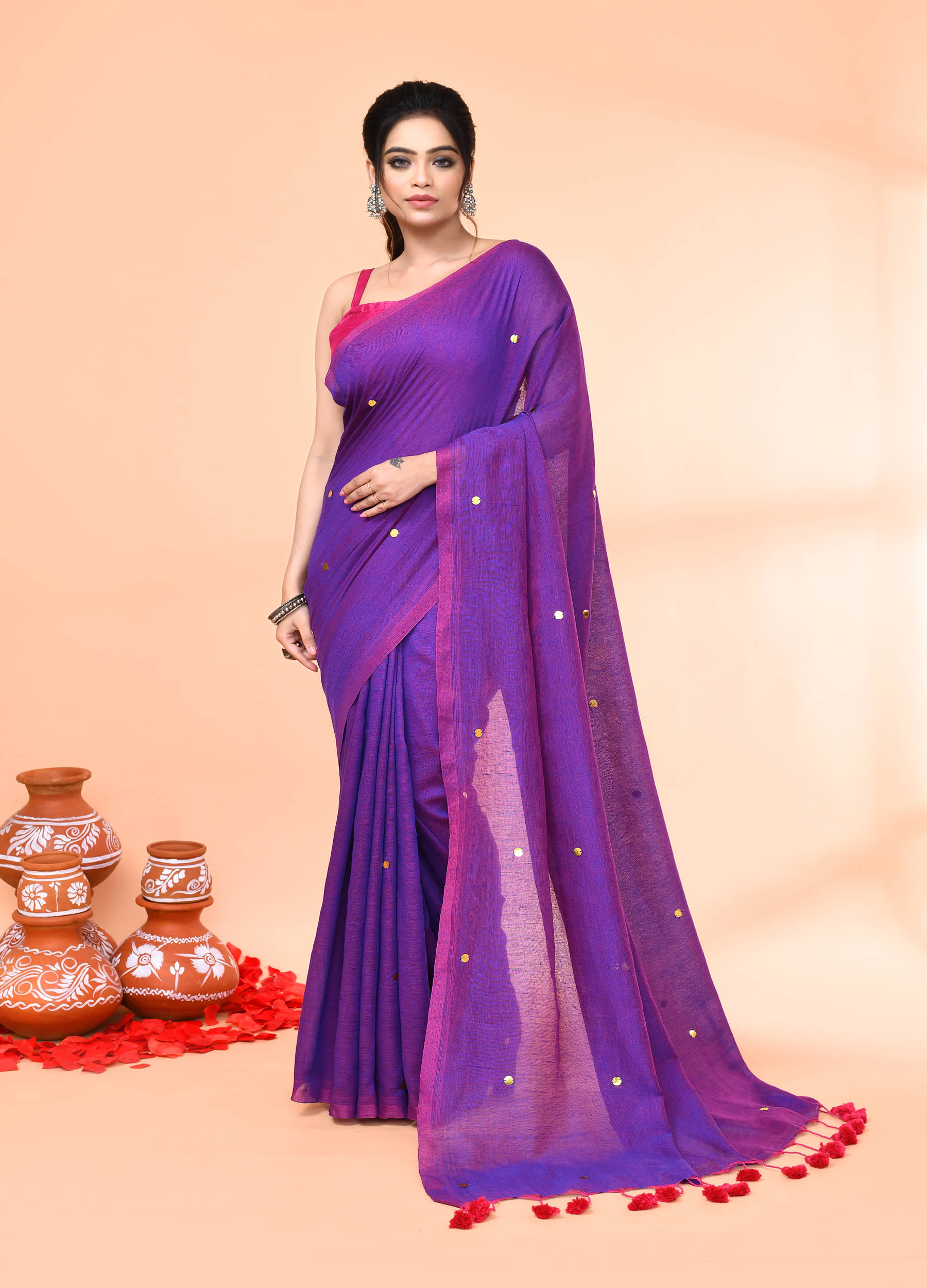     			PIYARI FASHION Cotton Woven Bomkai Saree With Unstitched Blouse Piece ( Purple )