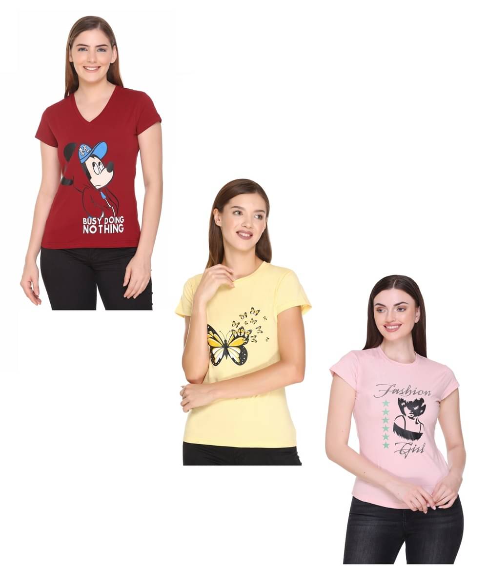     			RF RAVES Women Cotton Blend Printed Regular Fit Round Neck T-Shirt ( Multicolor )