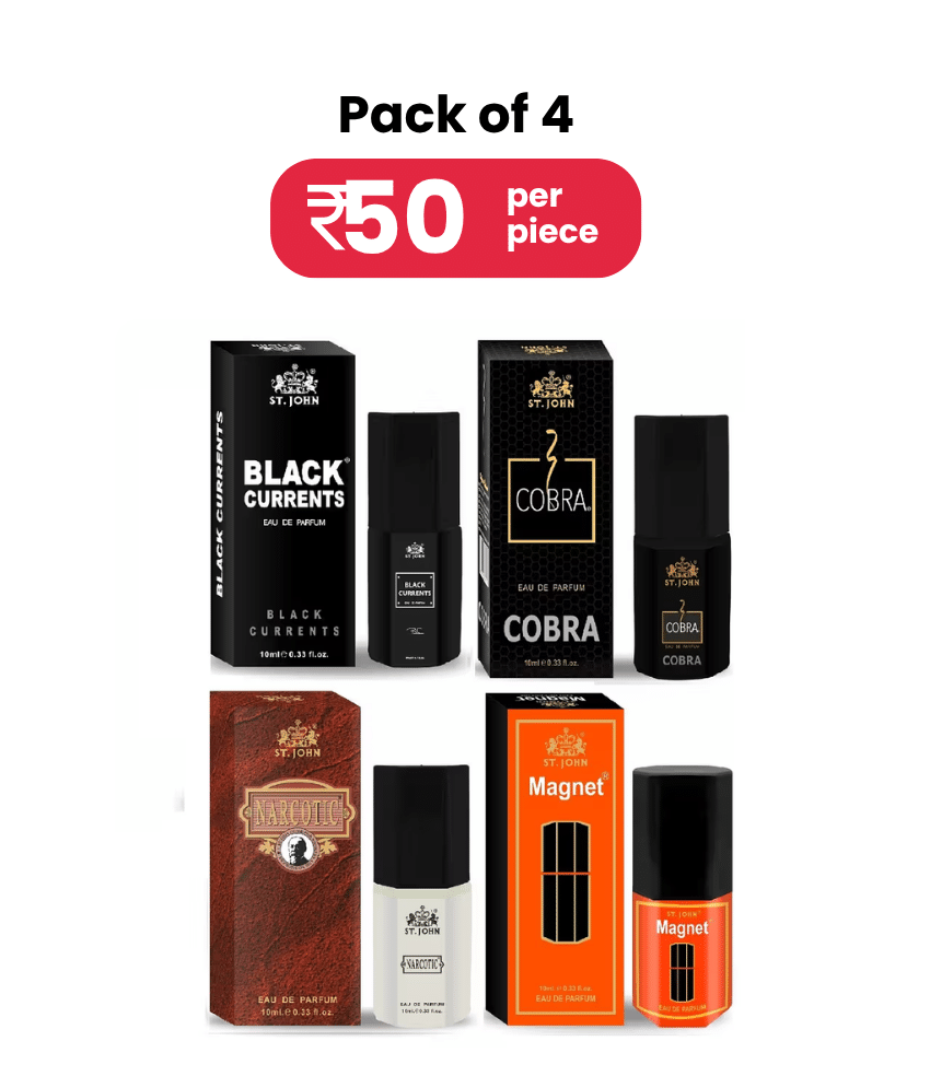 ST.JOHN Cobra ,Black Currents,Narcotic & Magnet Pocket Perfume For Men 10ml Each (40ml) - Pack of 4 ST.JOHN Cobra ,Black Currents,Narcotic & Magnet Pocket Perfume For Men 10ml Each (40ml) - Pack of 4