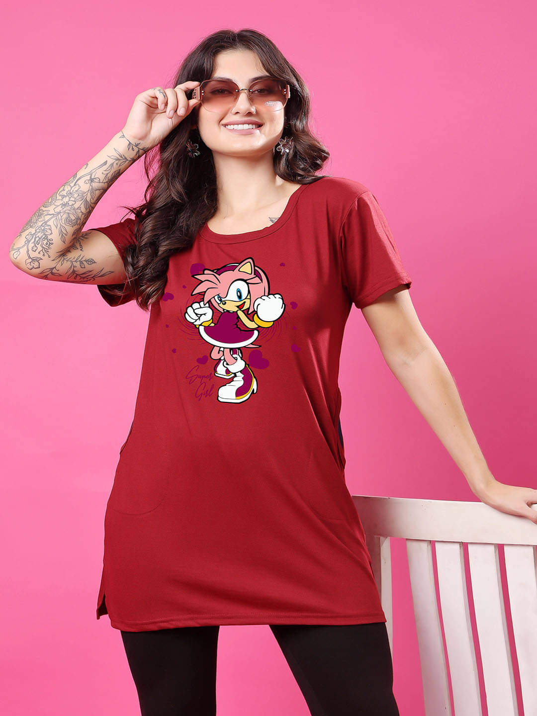     			SWIFTLY Women Cotton Printed Regular Fit Round Neck T-Shirt ( Maroon )