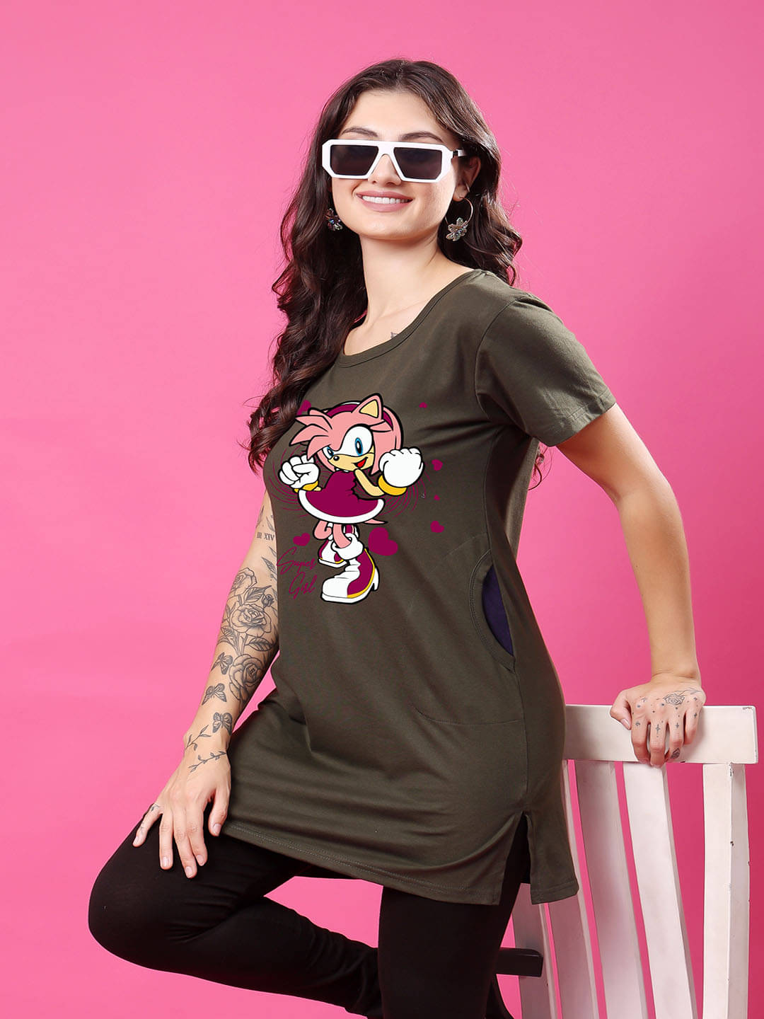     			SWIFTLY Women Cotton Printed Regular Fit Round Neck T-Shirt ( Olive )