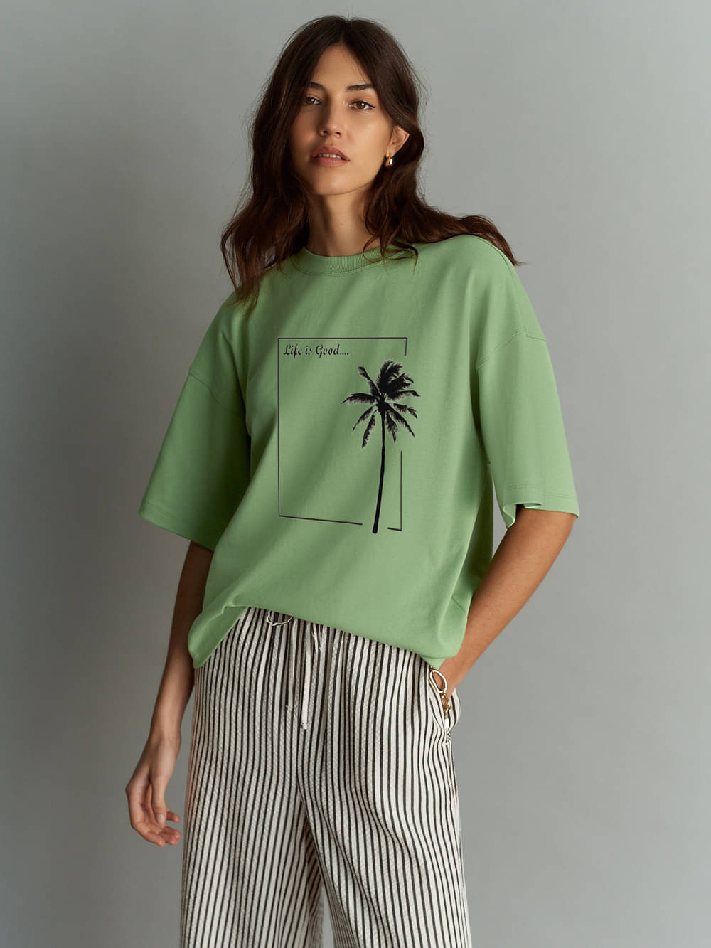 clafoutis Women Cotton Blend Printed Oversized Fit Round Neck T-Shirt ( Olive ) clafoutis Women Cotton Blend Printed Oversized Fit Round Neck T-Shirt ( Olive )