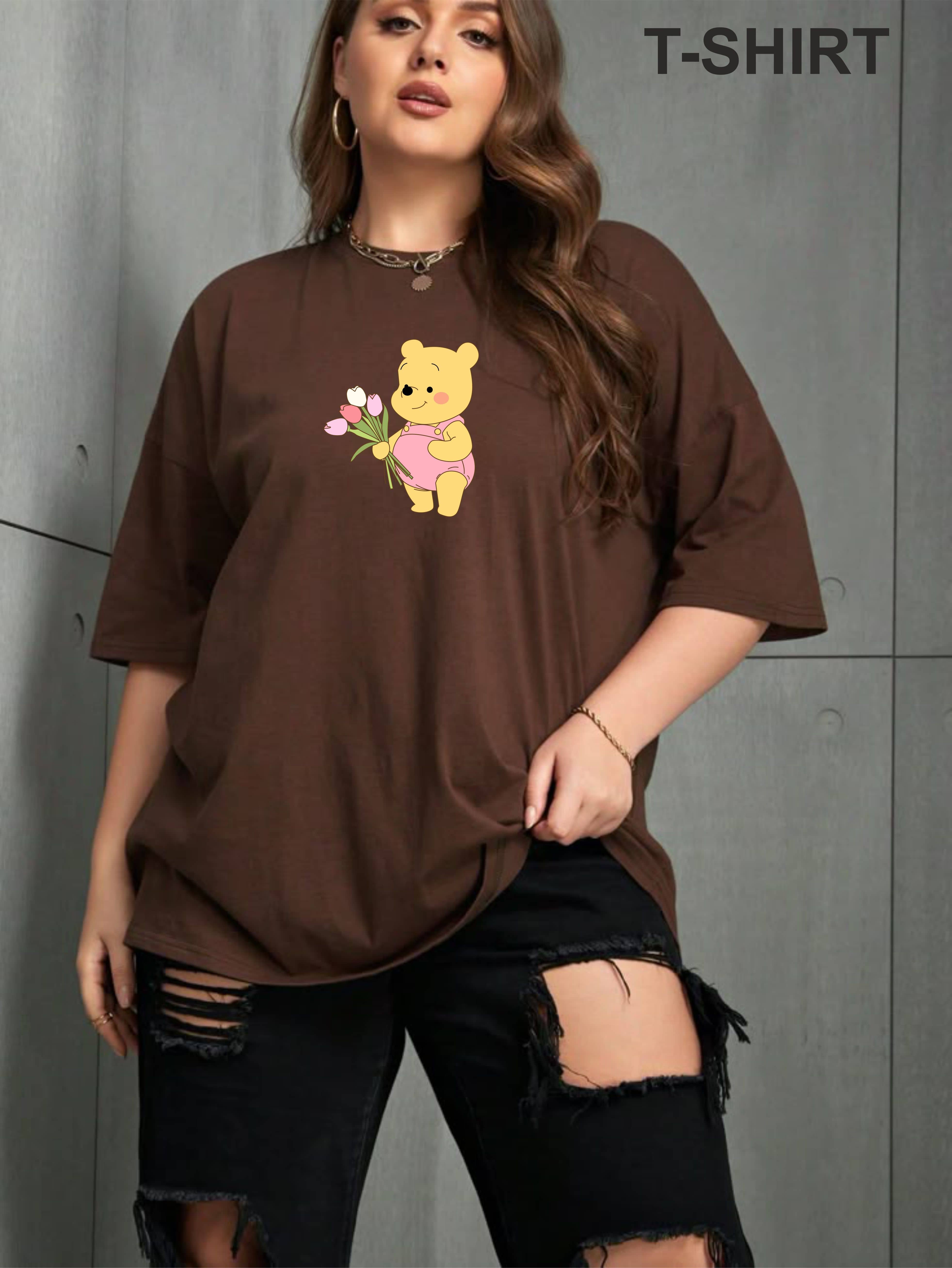 ekadravin Women Cotton Printed Oversized Fit Round Neck T-Shirt ( Brown )