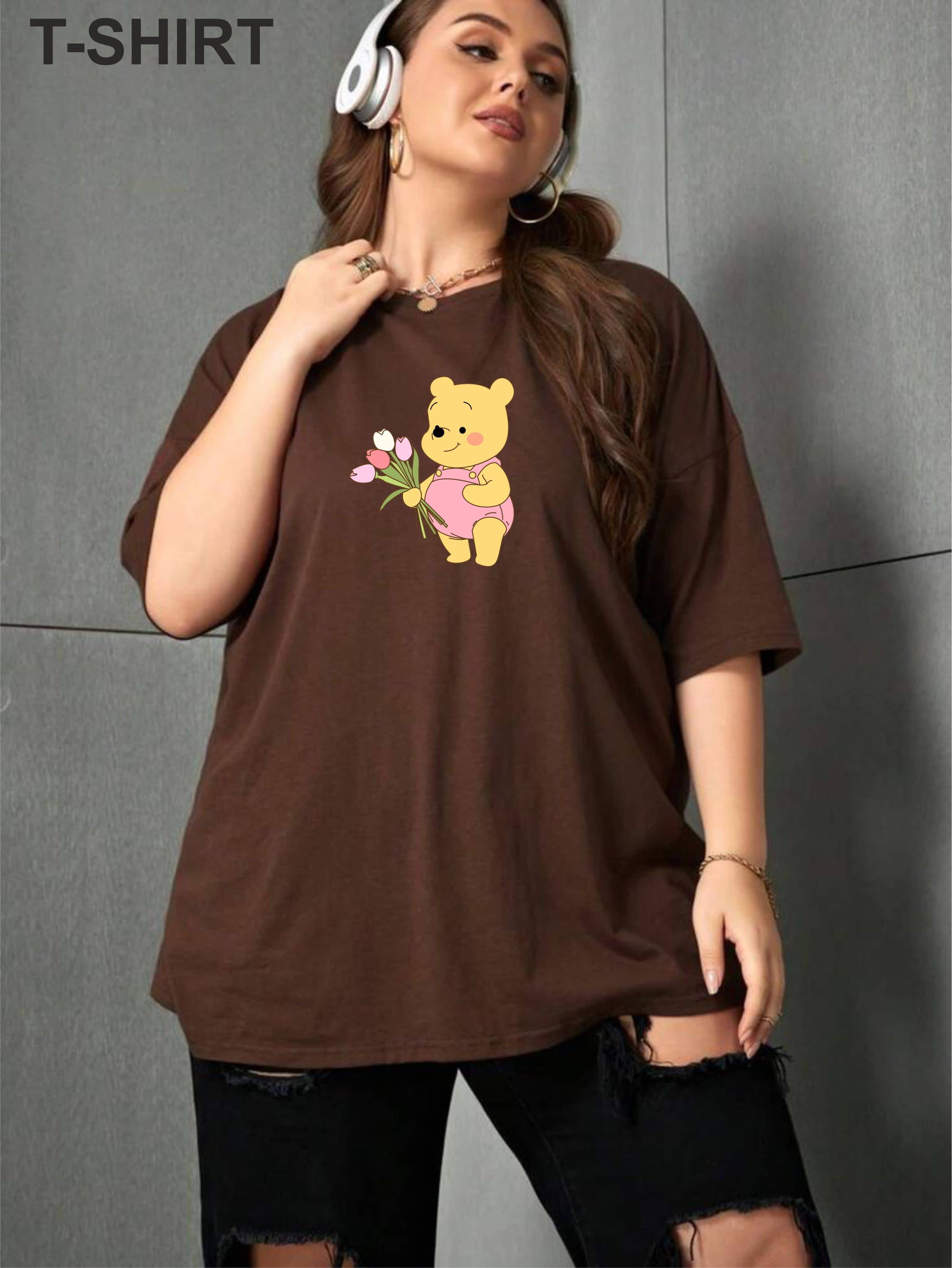ekadravin Women Cotton Printed Oversized Fit Round Neck T-Shirt ( Brown )