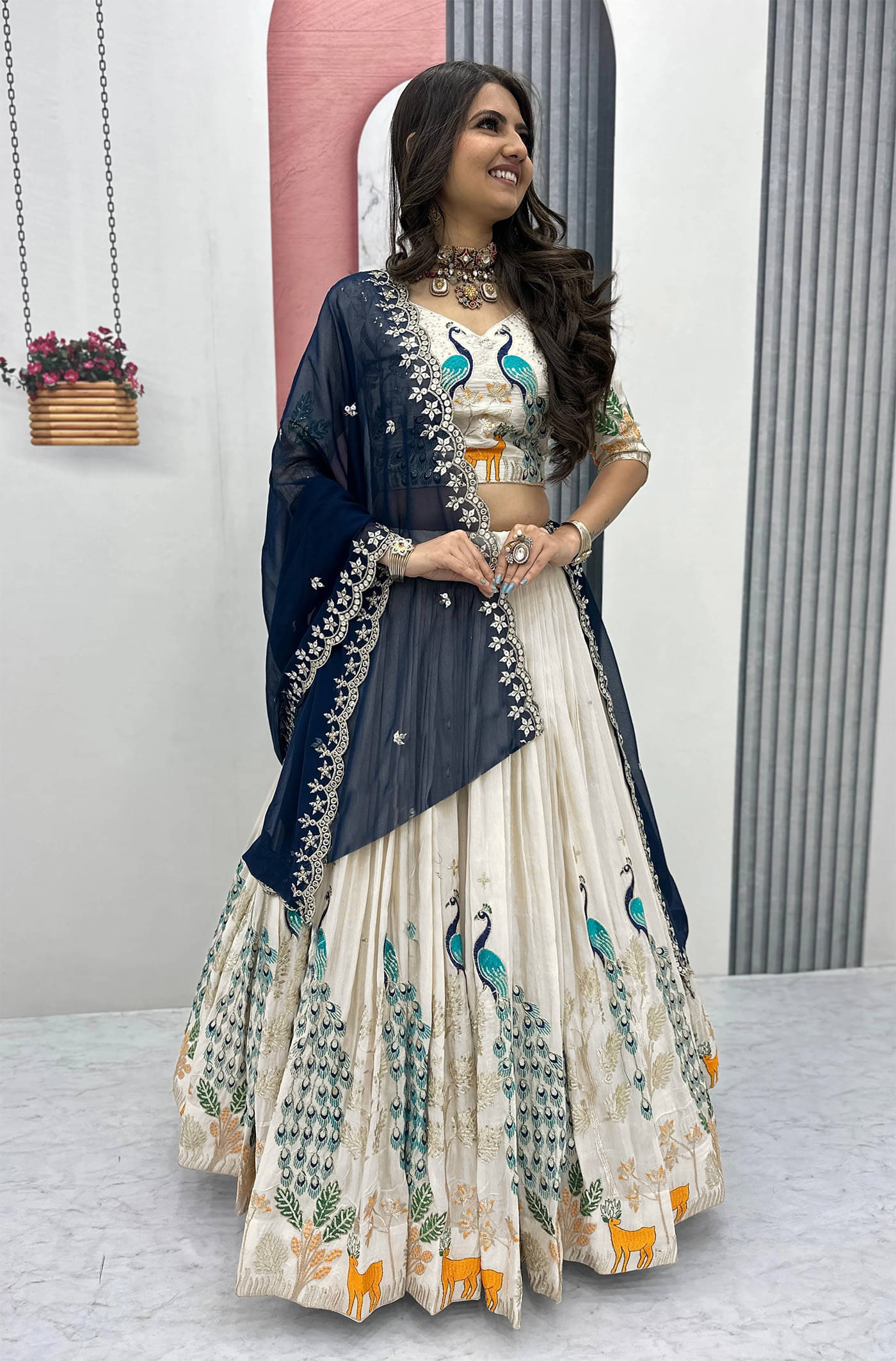     			kedar fab White Silk Circular Semi Stitched Lehenga Single