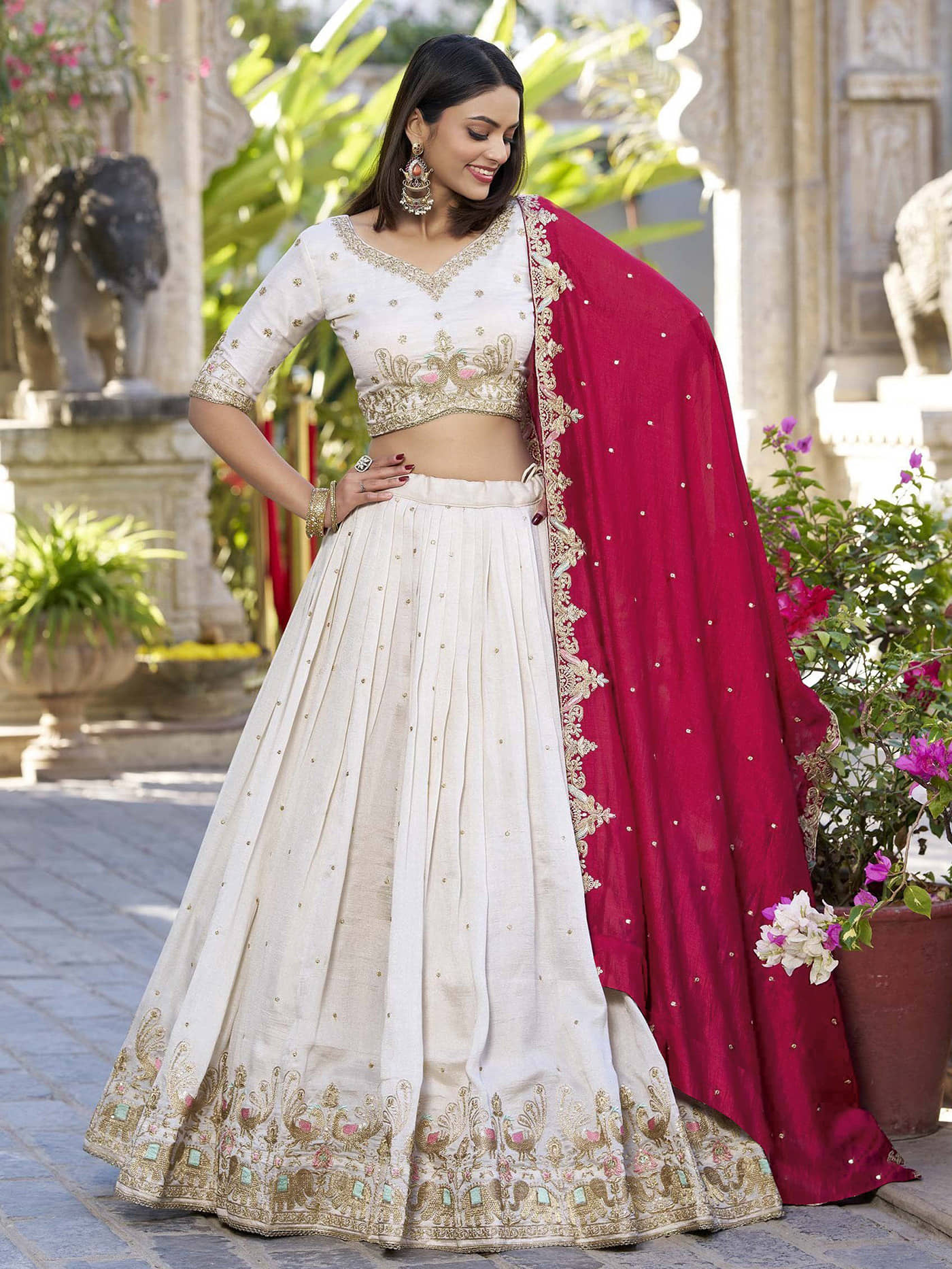 kedar fab White Silk Circular Semi Stitched Lehenga Single