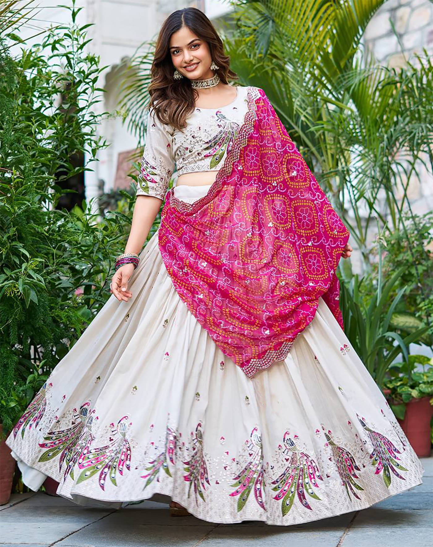     			kedar fab White Silk Circular Semi Stitched Lehenga Single