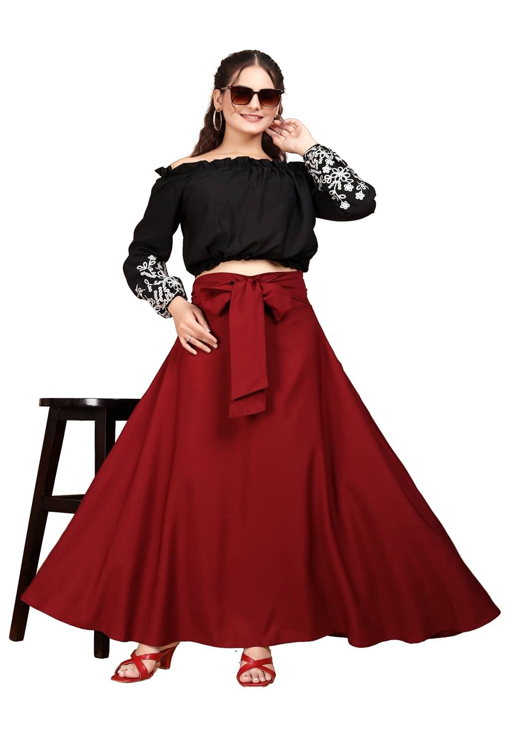     			shitdhey Women Embroidered Top With Skirt Co-Ord Set ( Maroon )