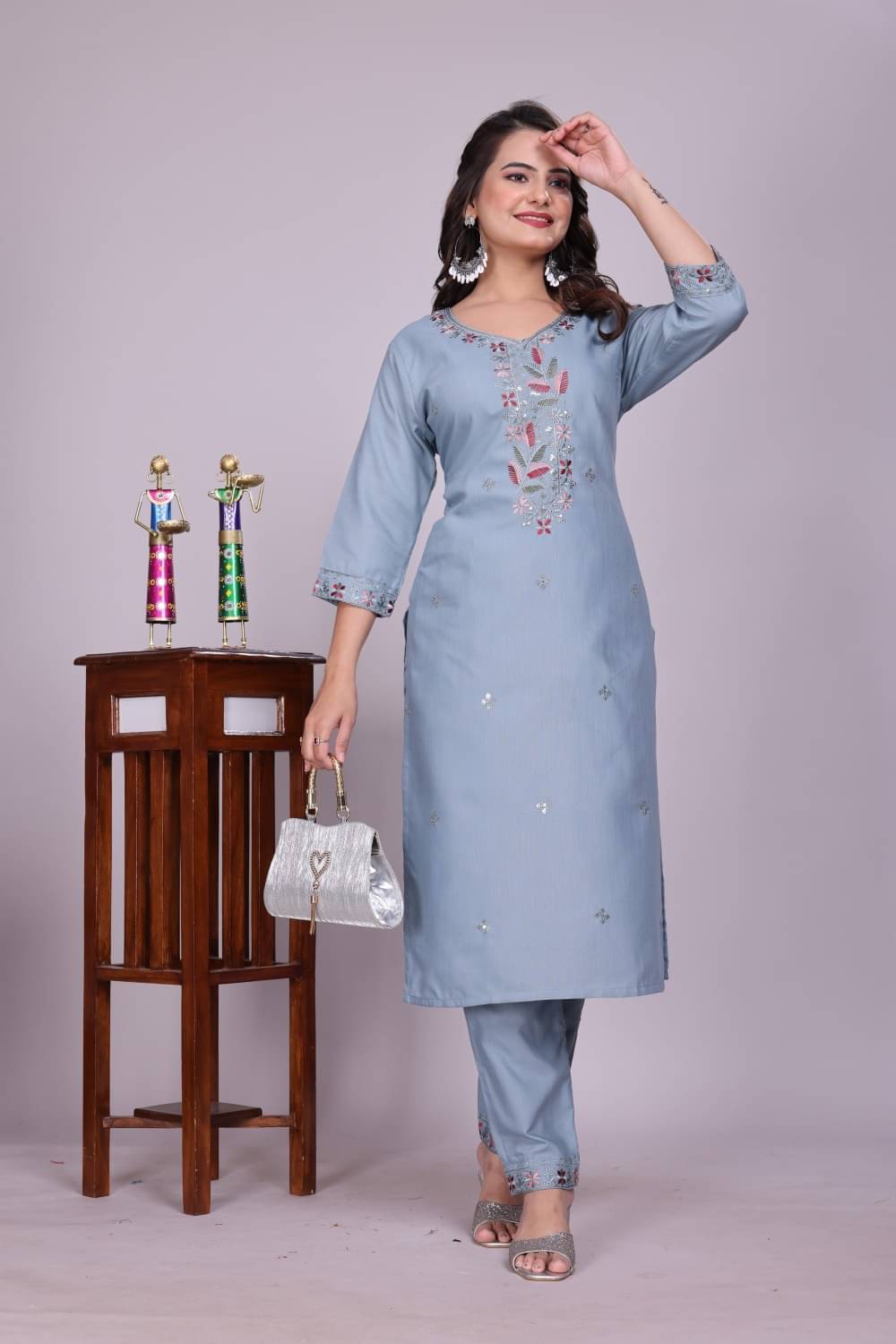     			zasvo Women Cotton Embroidered A-line Kurti With Pants ( Grey )