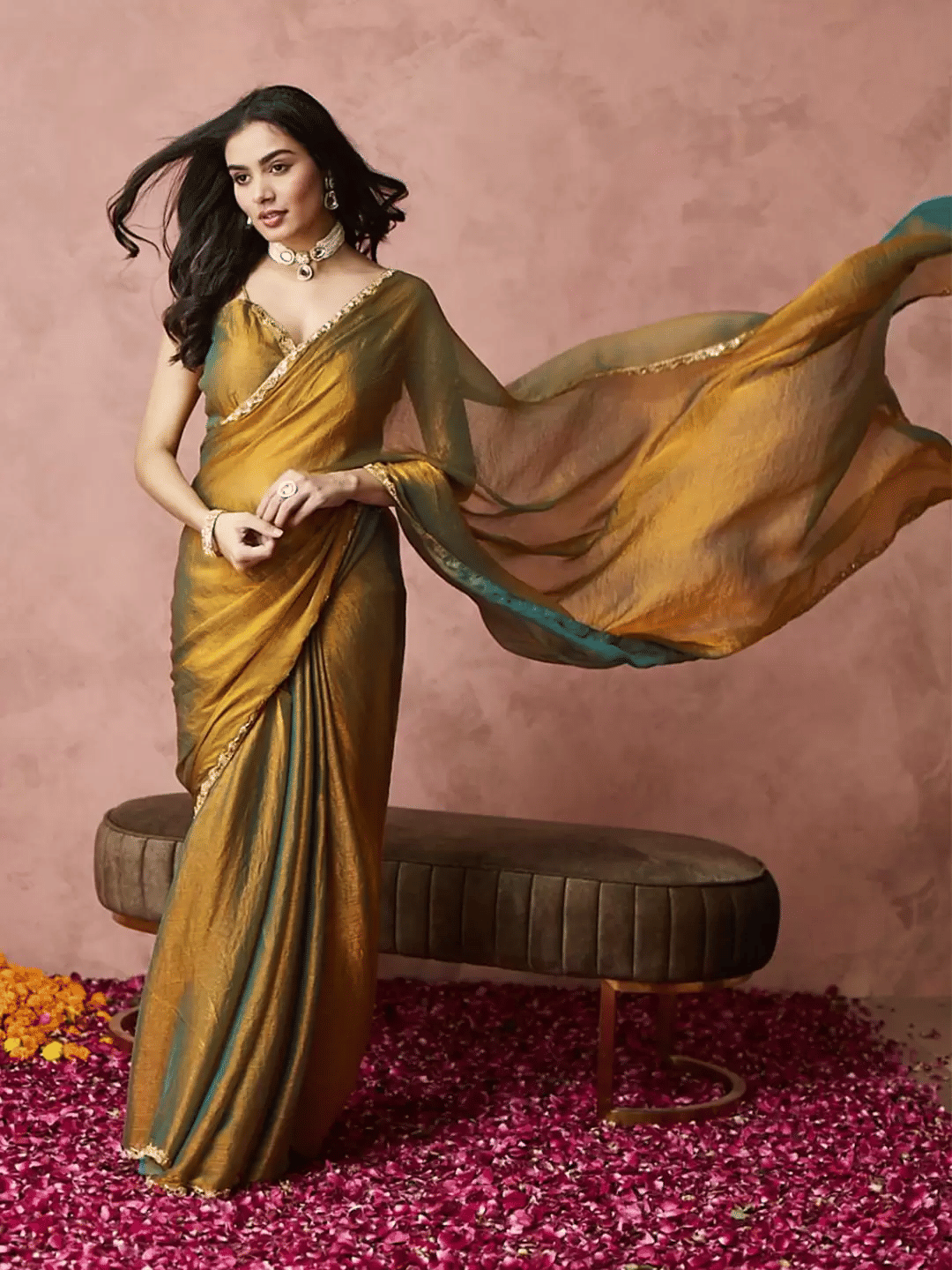     			A TO Z CART Chiffon Solid Saree With Unstitched Blouse Piece ( Gold )