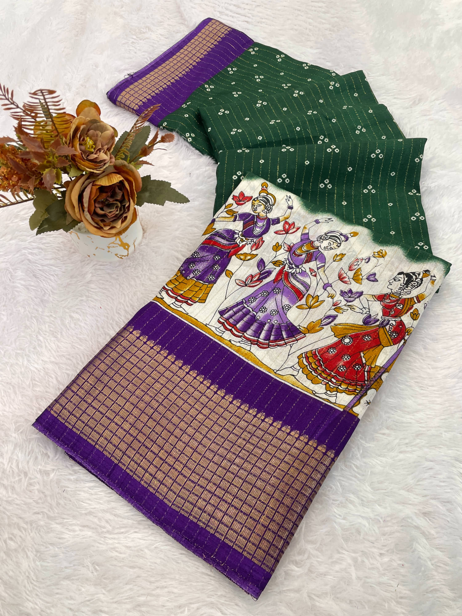     			A TO Z CART Silk Blend Printed Paithani Sarees With Unstitched Blouse Piece ( Green )