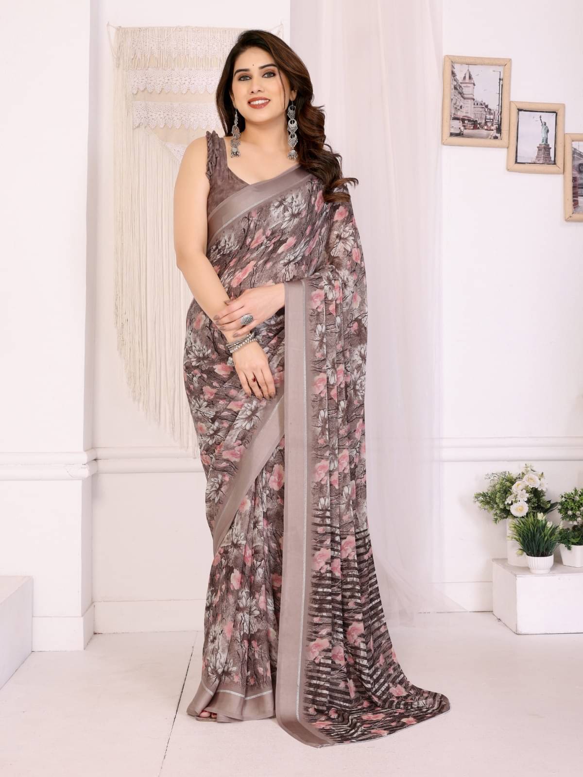BLEESBURY Chiffon Printed Baluchari Saree With Unstitched Blouse Piece ( Khaki ) BLEESBURY Chiffon Printed Baluchari Saree With Unstitched Blouse Piece ( Khaki )