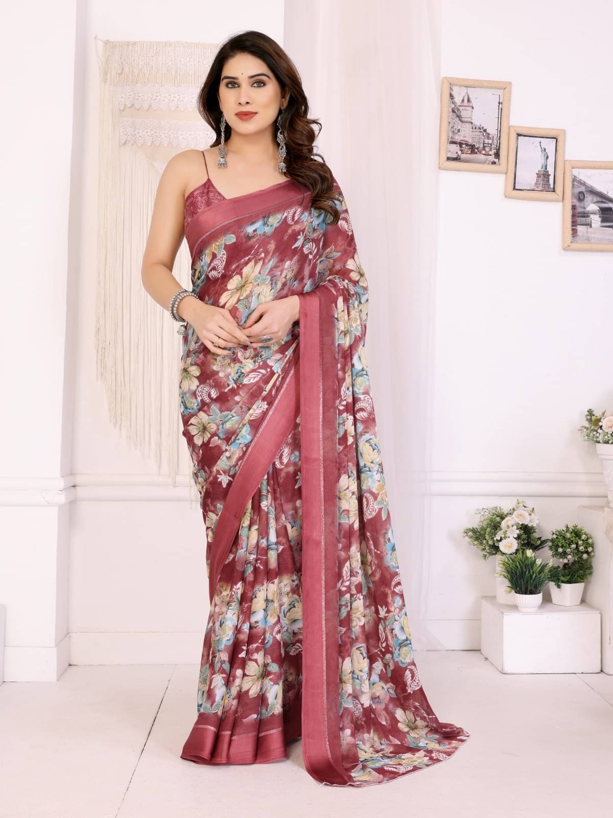 BLEESBURY Chiffon Printed Baluchari Saree With Unstitched Blouse Piece ( Maroon ) BLEESBURY Chiffon Printed Baluchari Saree With Unstitched Blouse Piece ( Maroon )