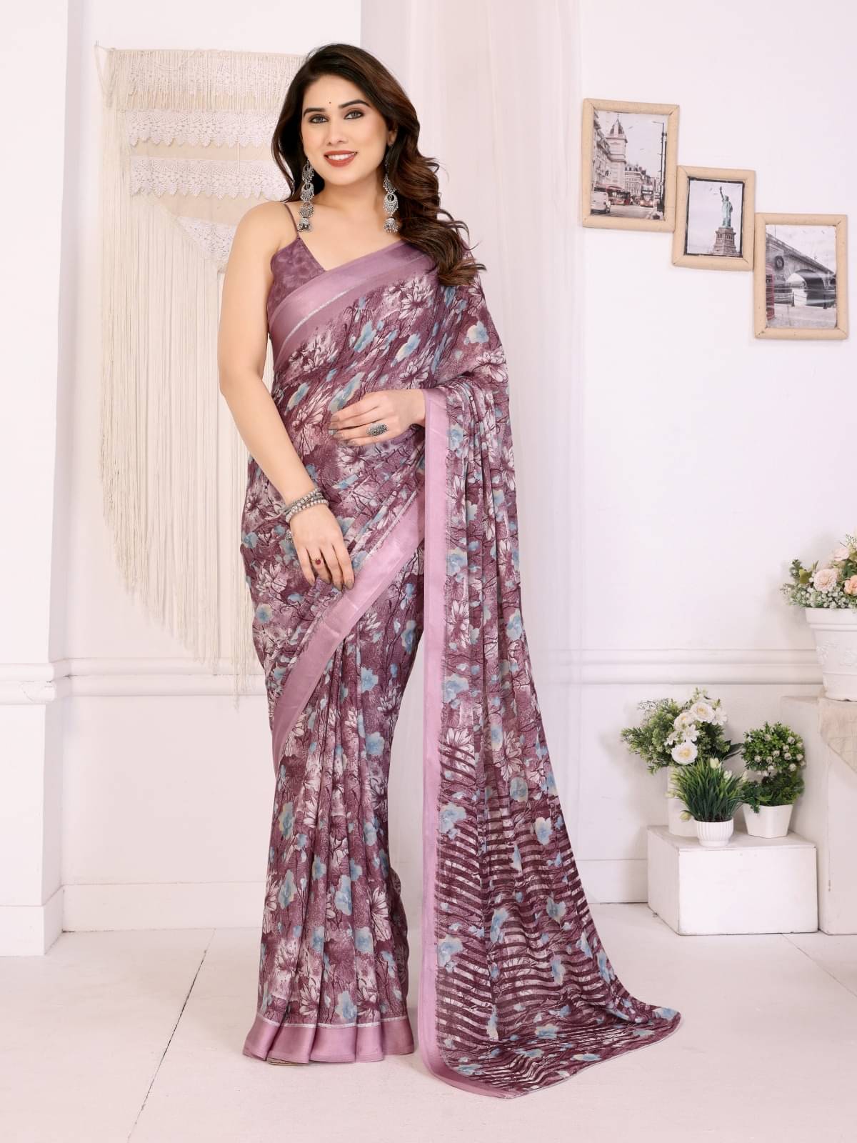 BLEESBURY Chiffon Printed Baluchari Saree With Unstitched Blouse Piece ( Purple ) BLEESBURY Chiffon Printed Baluchari Saree With Unstitched Blouse Piece ( Purple )