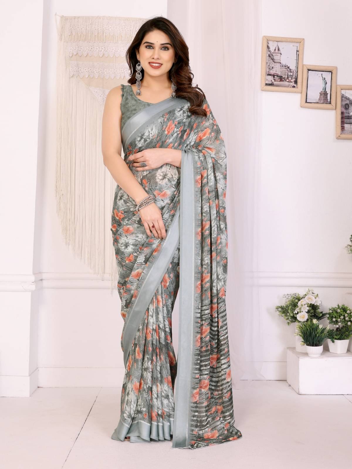 BLEESBURY Chiffon Printed Baluchari Saree With Unstitched Blouse Piece ( Green ) BLEESBURY Chiffon Printed Baluchari Saree With Unstitched Blouse Piece ( Green )