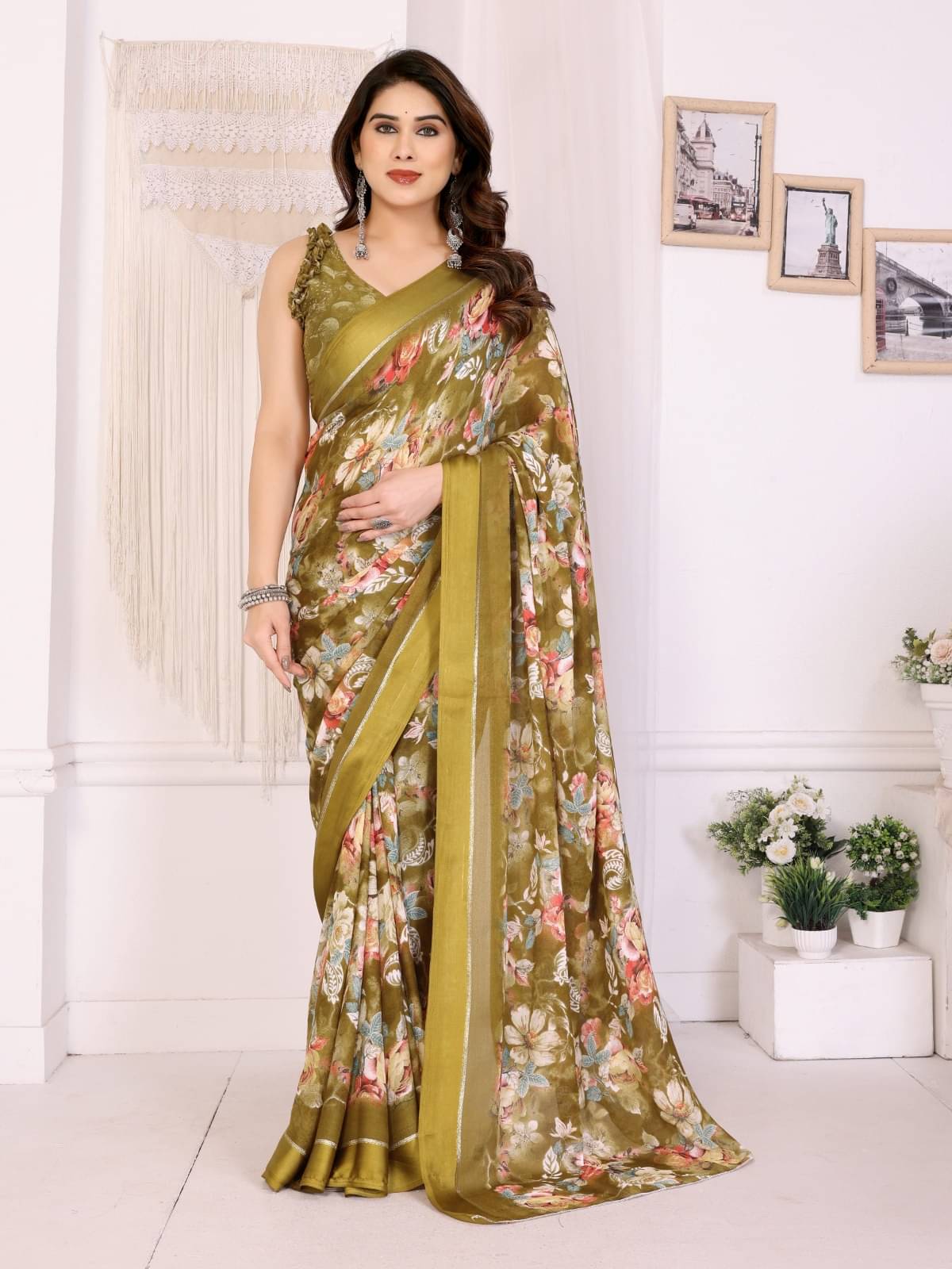 BLEESBURY Chiffon Printed Baluchari Saree With Unstitched Blouse Piece ( Mustard ) BLEESBURY Chiffon Printed Baluchari Saree With Unstitched Blouse Piece ( Mustard )
