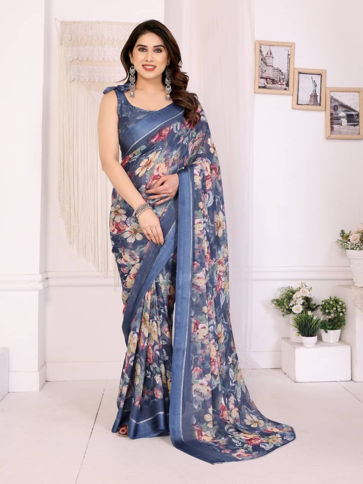 BLEESBURY Chiffon Printed Baluchari Saree With Unstitched Blouse Piece ( Blue ) BLEESBURY Chiffon Printed Baluchari Saree With Unstitched Blouse Piece ( Blue )