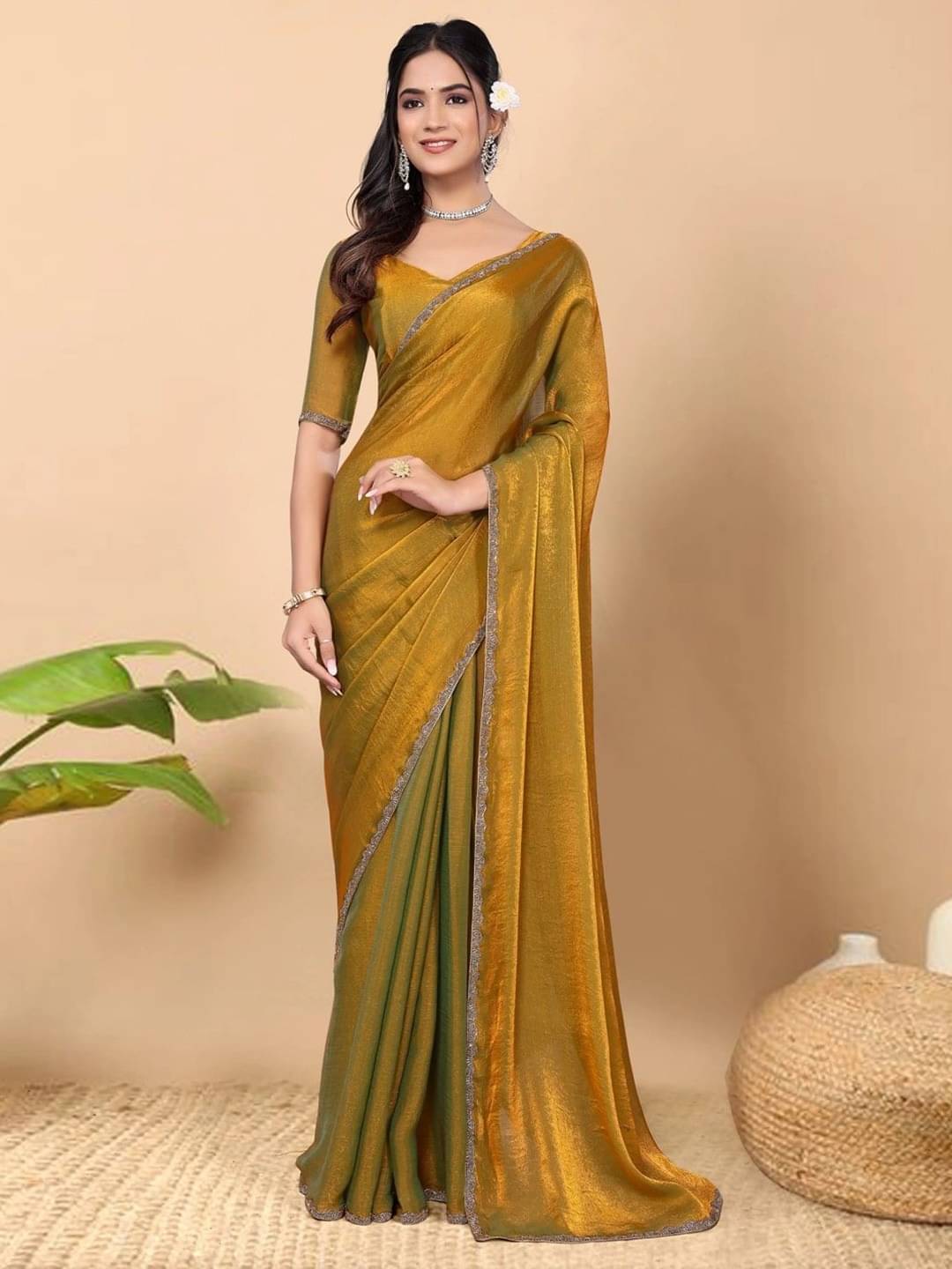 JULEE Chiffon Solid Saree With Unstitched Blouse Piece ( Gold ) JULEE Chiffon Solid Saree With Unstitched Blouse Piece ( Gold )