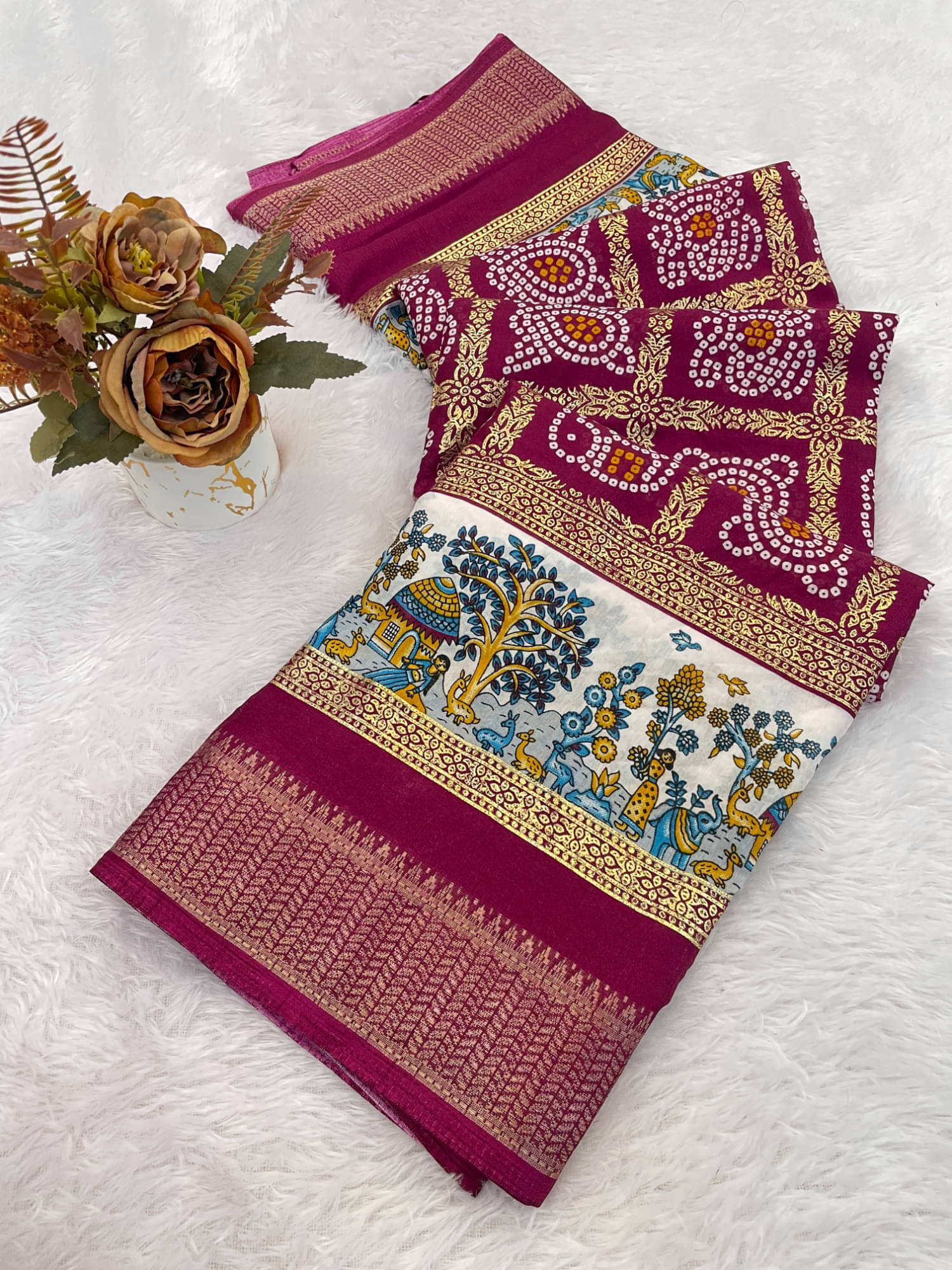 JULEE Silk Blend Printed Paithani Sarees With Unstitched Blouse Piece ( Rani ) JULEE Silk Blend Printed Paithani Sarees With Unstitched Blouse Piece ( Rani )