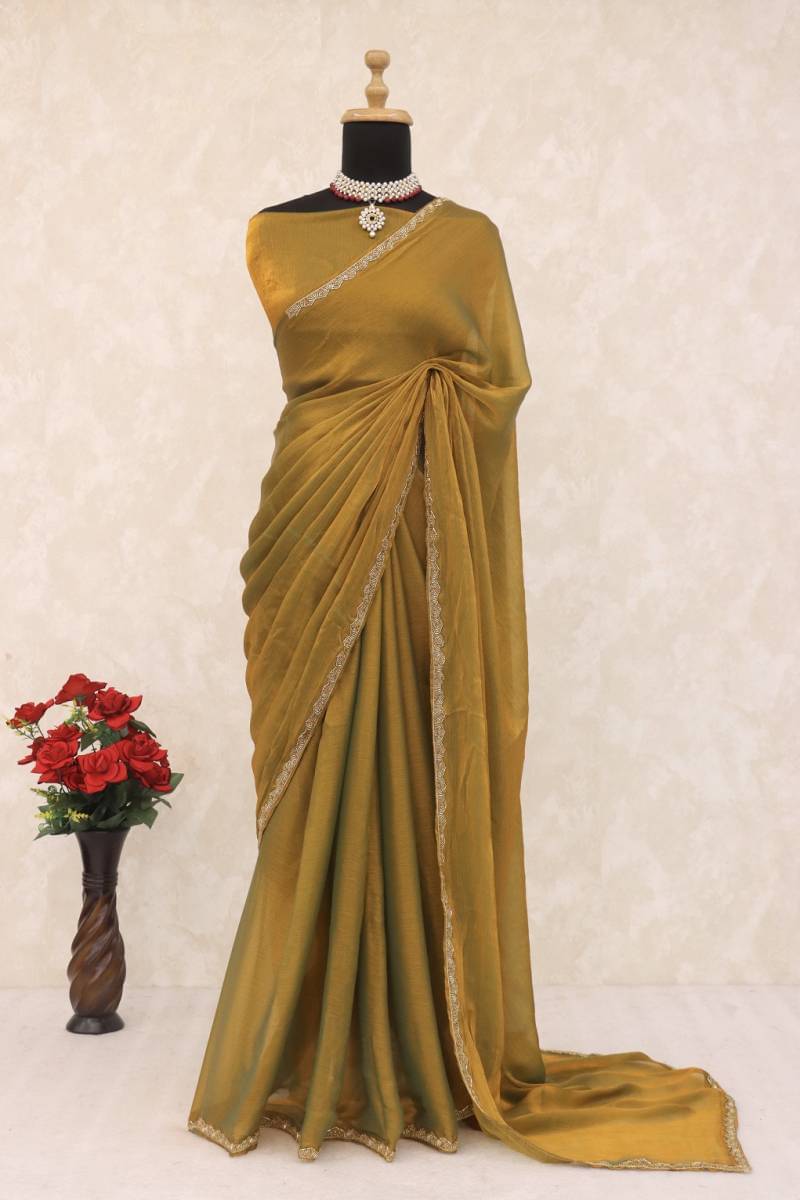     			KV Fashion Chiffon Solid Saree With Unstitched Blouse Piece ( Gold )