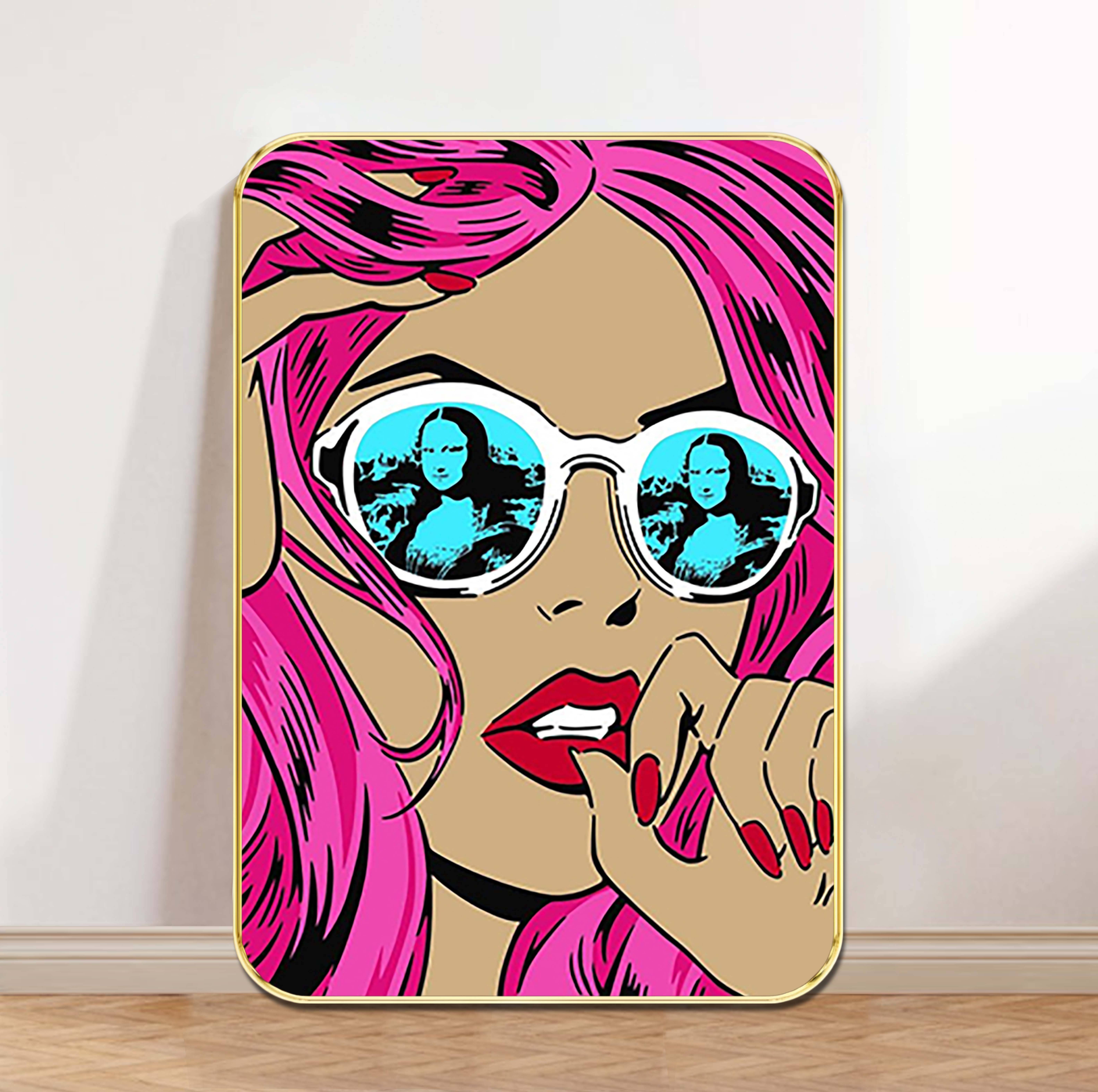 Livin'luxe Quirky Pop Art Girl Wall Frame | Funky Sunglass Print with Mona Lisa Reflection & Golden Border 13.5 Inch x 19.5 Inch     			Livin'luxe Quirky Pop Art Girl Wall Frame | Funky Sunglass Print with Mona Lisa Reflection & Golden Border 13.5 Inch x 19.5 Inch