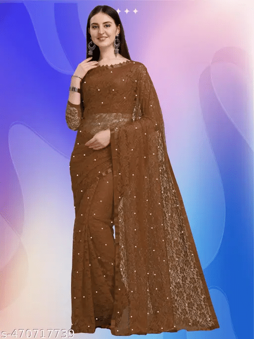 Nilkanthvarni Creation Net Self Design Saree With Stitched Blouse ( Brown ) Nilkanthvarni Creation Net Self Design Saree With Stitched Blouse ( Brown )