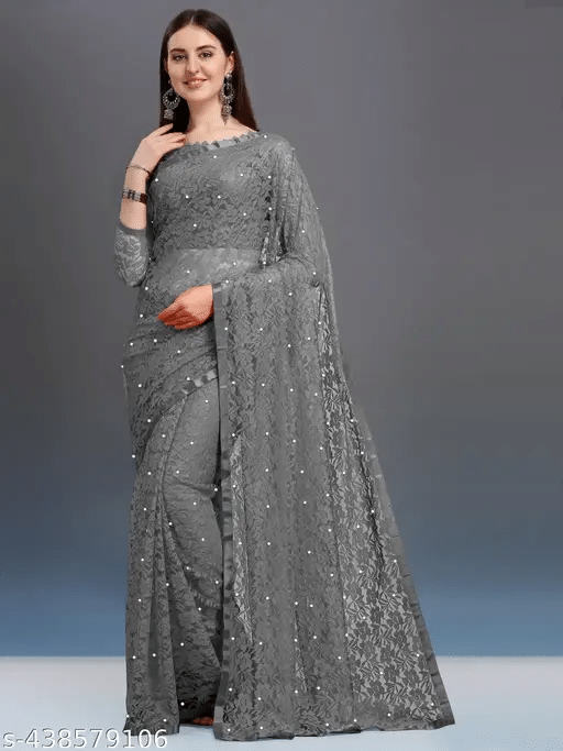 Nilkanthvarni Creation Net Self Design Saree With Stitched Blouse ( Grey ) Nilkanthvarni Creation Net Self Design Saree With Stitched Blouse ( Grey )