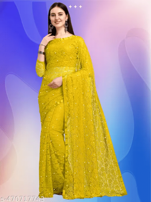 Nilkanthvarni Creation Net Self Design Saree With Stitched Blouse ( Yellow ) Nilkanthvarni Creation Net Self Design Saree With Stitched Blouse ( Yellow )
