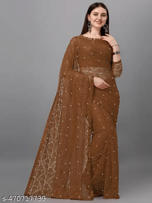 Nilkanthvarni Creation Net Self Design Saree With Unstitched Blouse Piece ( Brown ) Nilkanthvarni Creation Net Self Design Saree With Unstitched Blouse Piece ( Brown )