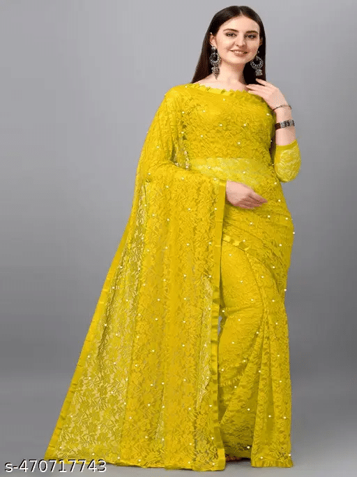 Nilkanthvarni Creation Net Self Design Saree With Stitched Blouse ( Yellow ) Nilkanthvarni Creation Net Self Design Saree With Stitched Blouse ( Yellow )