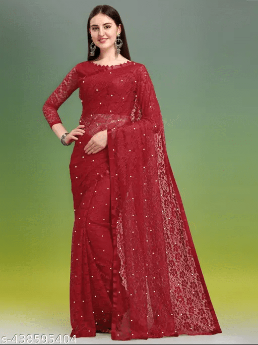 Nilkanthvarni Creation Net Self Design Saree With Stitched Blouse ( Maroon ) Nilkanthvarni Creation Net Self Design Saree With Stitched Blouse ( Maroon )