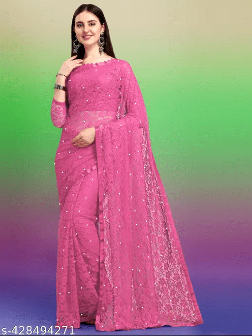 Nilkanthvarni Creation Net Self Design Saree With Stitched Blouse ( Pink ) Nilkanthvarni Creation Net Self Design Saree With Stitched Blouse ( Pink )
