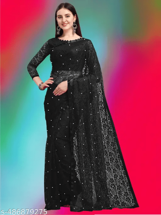 Nilkanthvarni Creation Net Self Design Saree With Stitched Blouse ( Black ) Nilkanthvarni Creation Net Self Design Saree With Stitched Blouse ( Black )