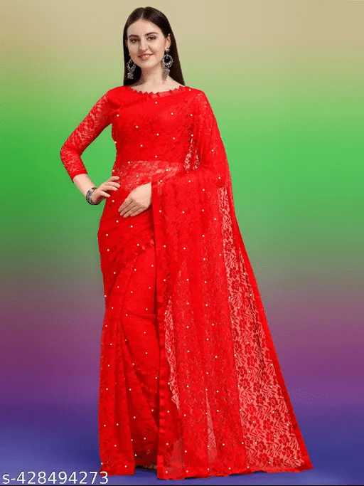 Nilkanthvarni Creation Net Self Design Saree With Stitched Blouse ( Red ) Nilkanthvarni Creation Net Self Design Saree With Stitched Blouse ( Red )
