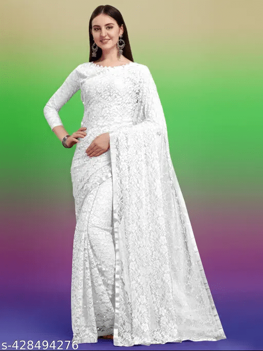 Nilkanthvarni Creation Net Self Design Saree With Stitched Blouse ( White ) Nilkanthvarni Creation Net Self Design Saree With Stitched Blouse ( White )
