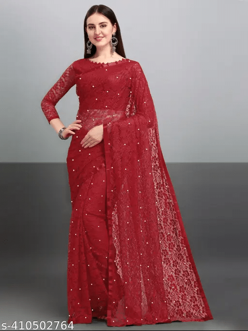 Nilkanthvarni Creation Net Self Design Saree With Stitched Blouse ( Maroon ) Nilkanthvarni Creation Net Self Design Saree With Stitched Blouse ( Maroon )