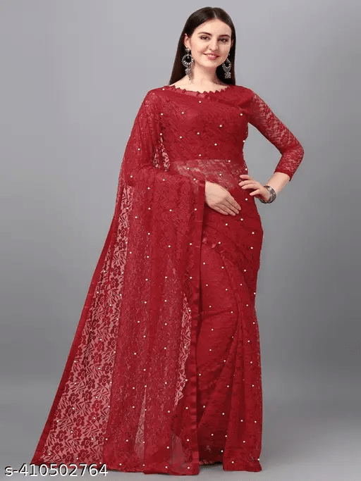     			Nilkanthvarni Creation Net Self Design Saree With Unstitched Blouse Piece ( Maroon )