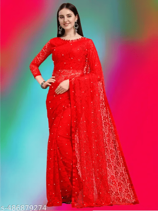 Nilkanthvarni Creation Net Self Design Saree With Stitched Blouse ( Red ) Nilkanthvarni Creation Net Self Design Saree With Stitched Blouse ( Red )