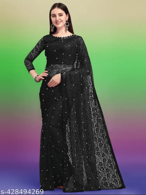 Nilkanthvarni Creation Net Self Design Saree With Stitched Blouse ( Black ) Nilkanthvarni Creation Net Self Design Saree With Stitched Blouse ( Black )