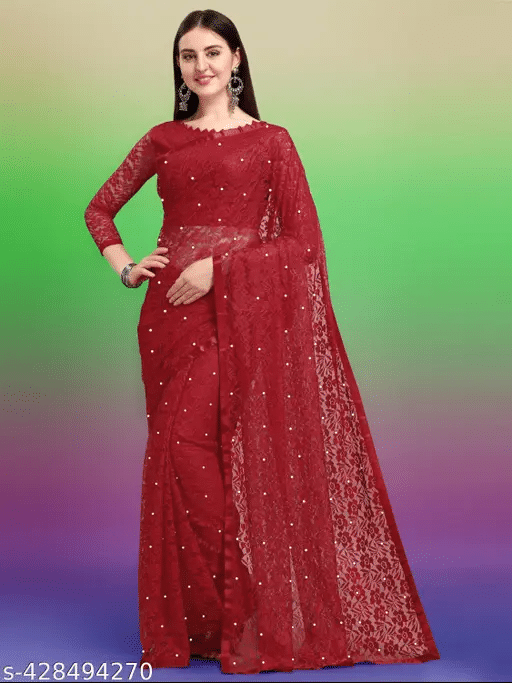 Nilkanthvarni Creation Net Self Design Saree With Stitched Blouse ( Maroon ) Nilkanthvarni Creation Net Self Design Saree With Stitched Blouse ( Maroon )