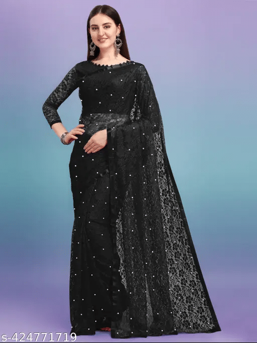 Nilkanthvarni Creation Net Self Design Saree With Stitched Blouse ( Black ) Nilkanthvarni Creation Net Self Design Saree With Stitched Blouse ( Black )